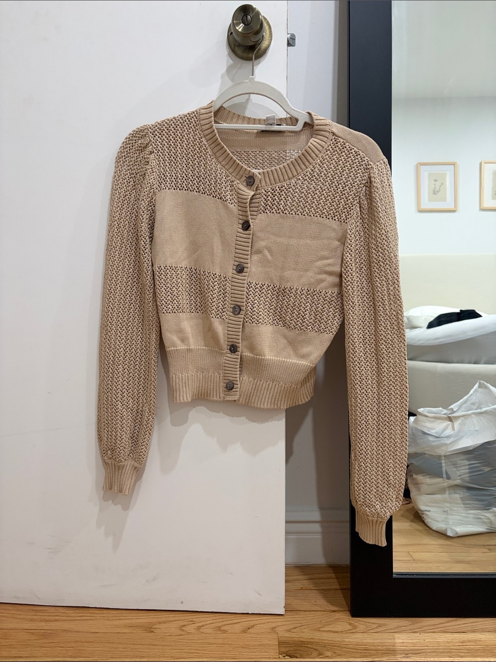 Current Air Beige Textured Button-Up Cropped Cardigan
